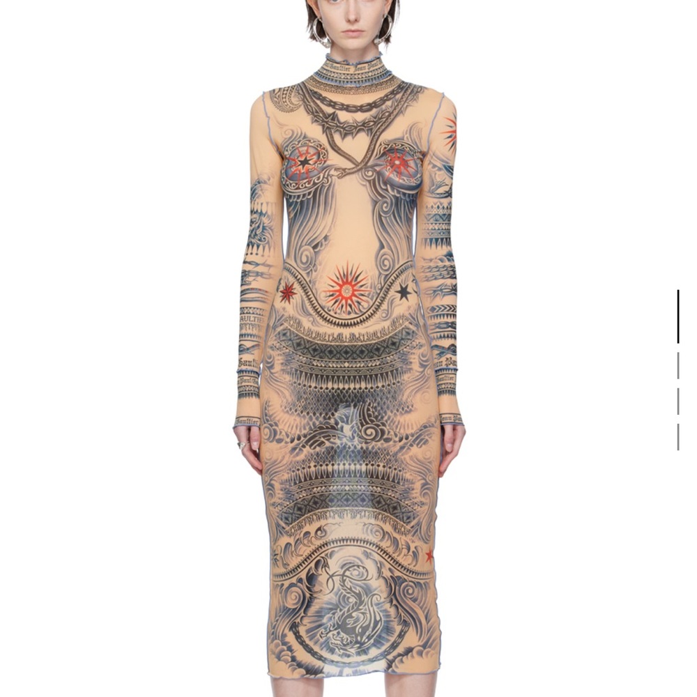 ❌SOLD❌ Jean Paul Gaultier Beige Printed stretch-tulle midi dress